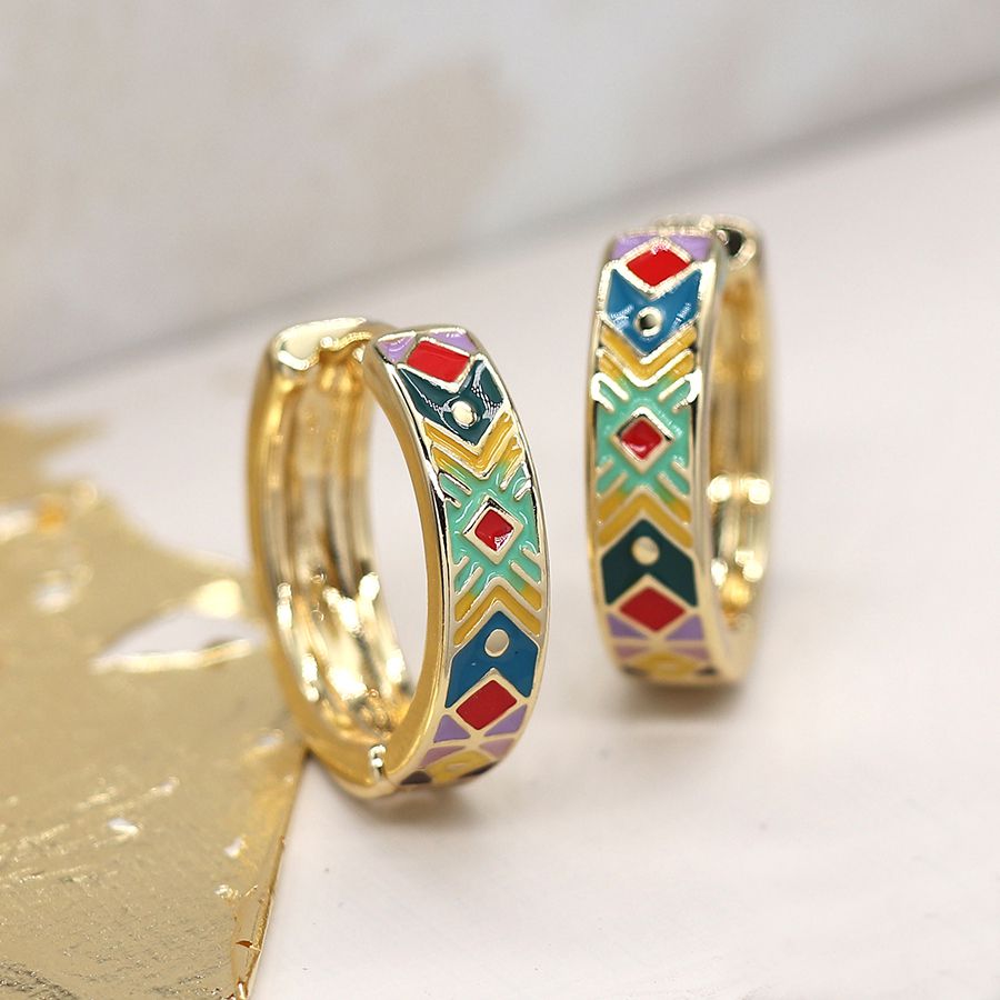 POM Peace Of Mind Multicolour Tribal Design Enamel faux Gold Huggie Hoops 03698