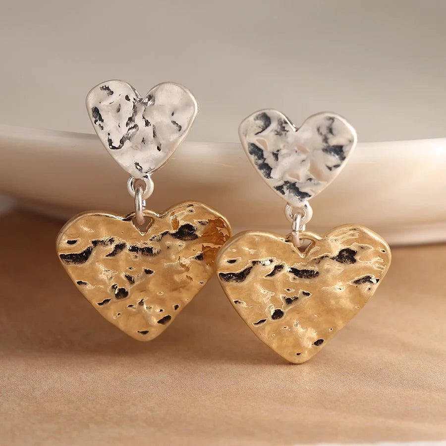 POM Peace Of Mind Gold & Silver Plated Hammered Double Heart Stud Earrings 03756