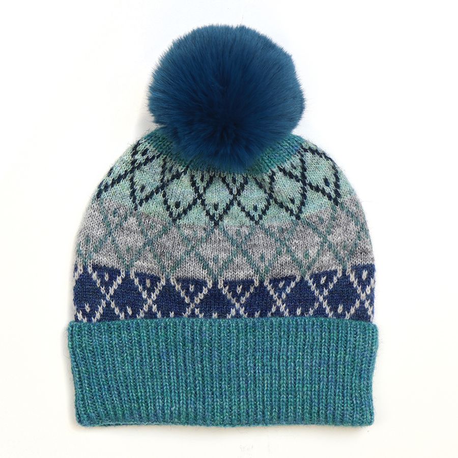 POM Blue Mix Diamond Knit Wool Blend Recycled Poly Hat with Faux Fur Pom Pom 40428
