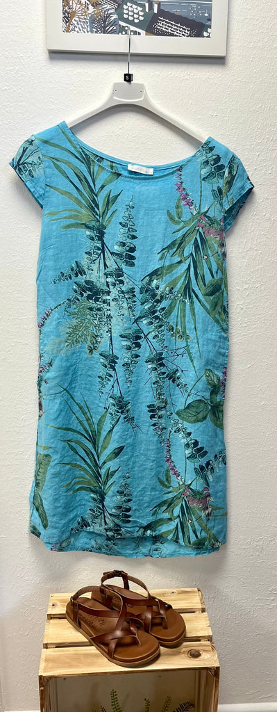 Tropical Print Linen Dress Turquoise