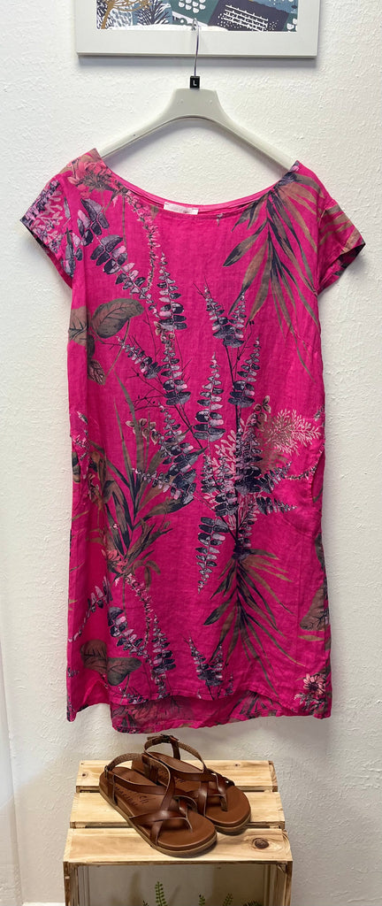Tropical Print Linen Dress Fuchsia