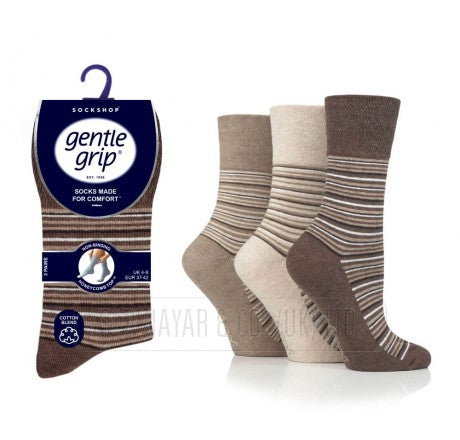 Ladies Gentle Grip 3 Pair Pack Non Elastic Socks Beige Neutral Stripe