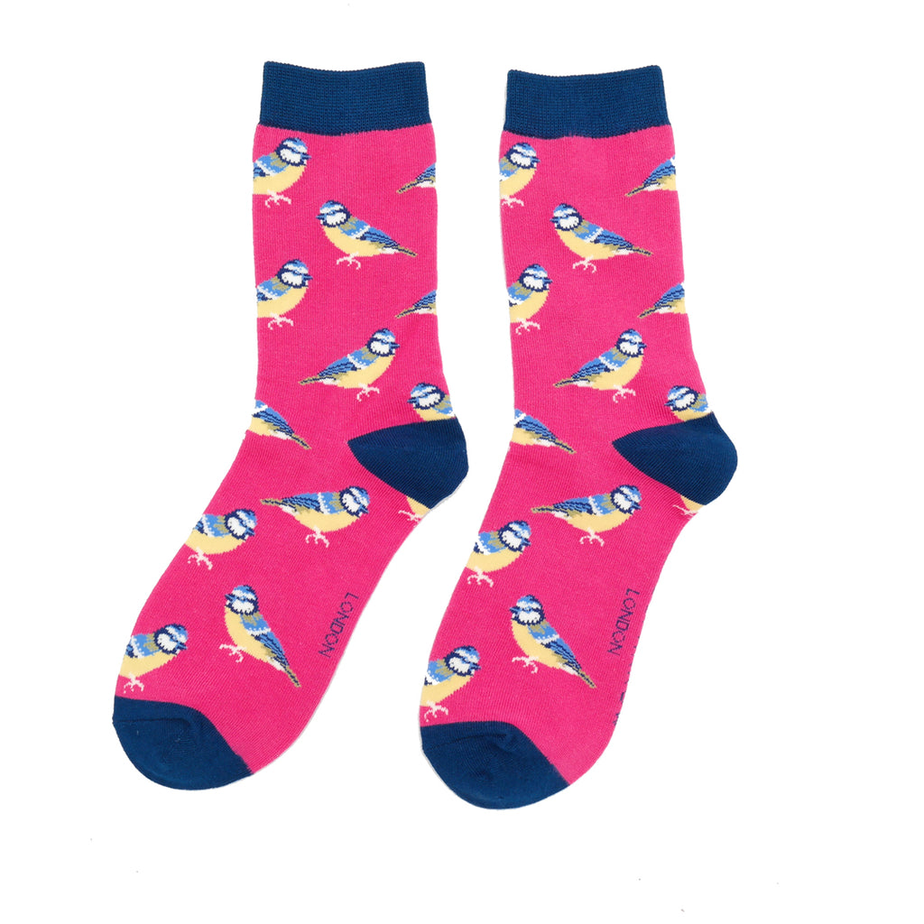 Miss Sparrow Ladies Bamboo Socks - Bluetits Teal and Hot Pink