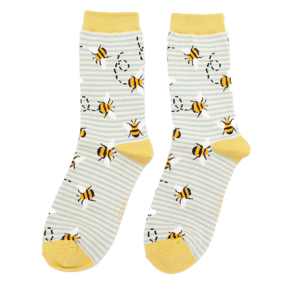 Miss Sparrow Ladies Bamboo Socks - Bee stripe duck egg & cream