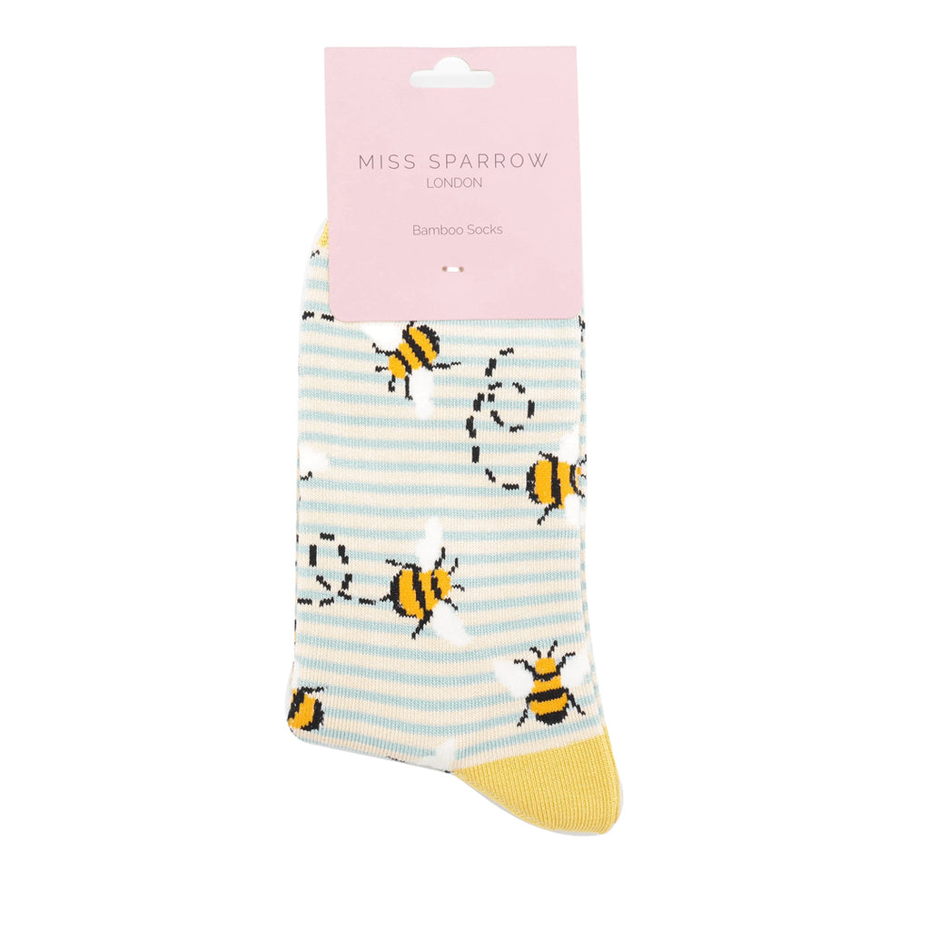 Miss Sparrow Ladies Bamboo Socks - Bee stripe duck egg & cream