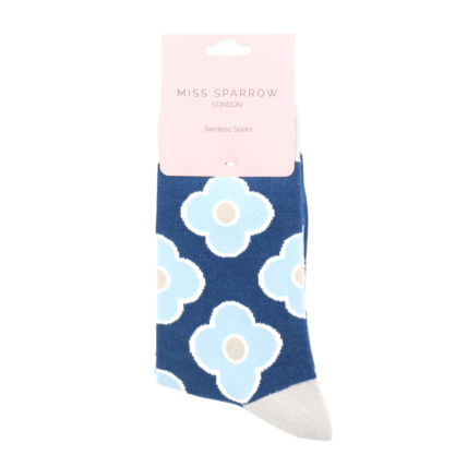 Miss Sparrow Ladies Bamboo Socks - Retro Flowers Navy and Duck Egg