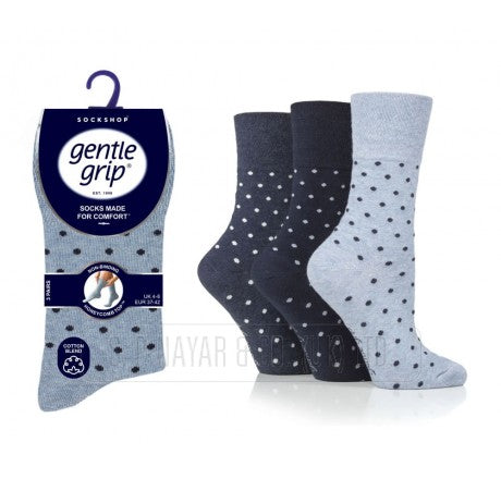 Ladies Gentle Grip 3 Pair Pack Non Elastic Socks Blue Spot 4-8 SOLRH141G3