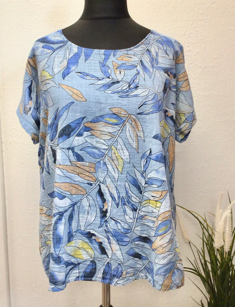 100% Cotton Round Neck Leaf Print Top One Size