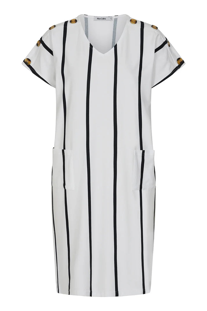 Alice Collins Button Shoulder Dress White/Midnight Blue