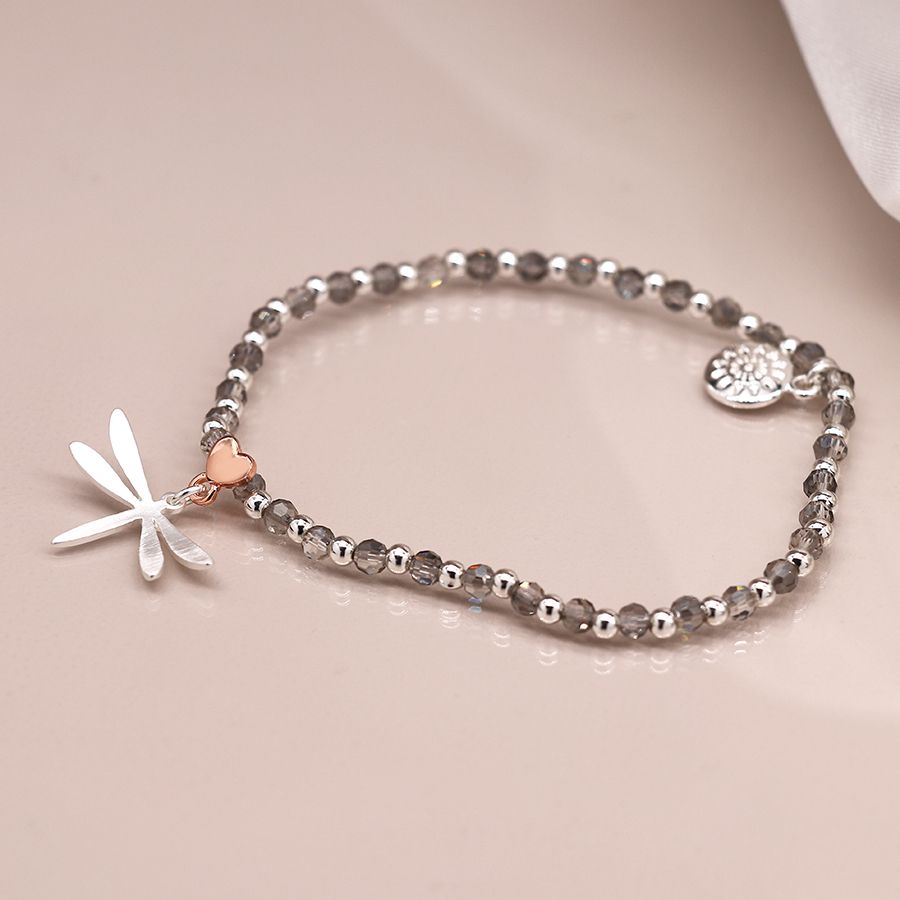 POM 03386 Crystal bead silver plated dragonfly heart bracelet