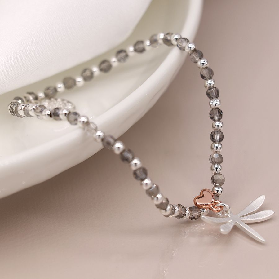 POM 03386 Crystal bead silver plated dragonfly heart bracelet