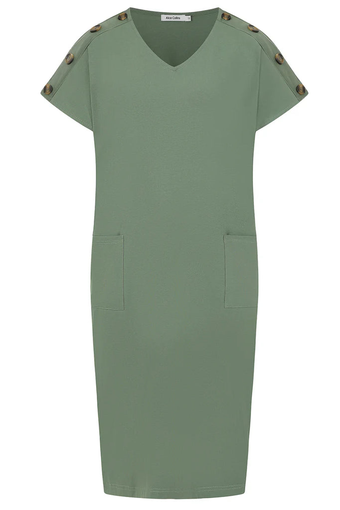 Alice Collins Button Shoulder Dress  - Deep sage