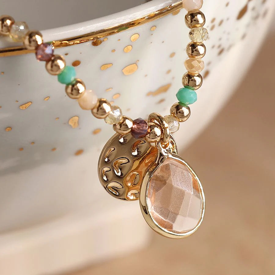 POM Peace Of Mind Golden/Aqua Mix Crystal Bead Bracelet with Rose Crystal and Gold Hammered Disc 03741