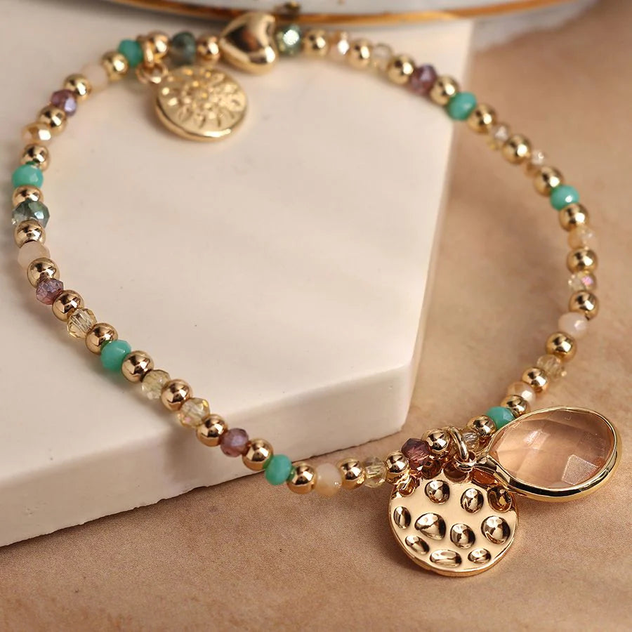 POM Peace Of Mind Golden/Aqua Mix Crystal Bead Bracelet with Rose Crystal and Gold Hammered Disc 03741