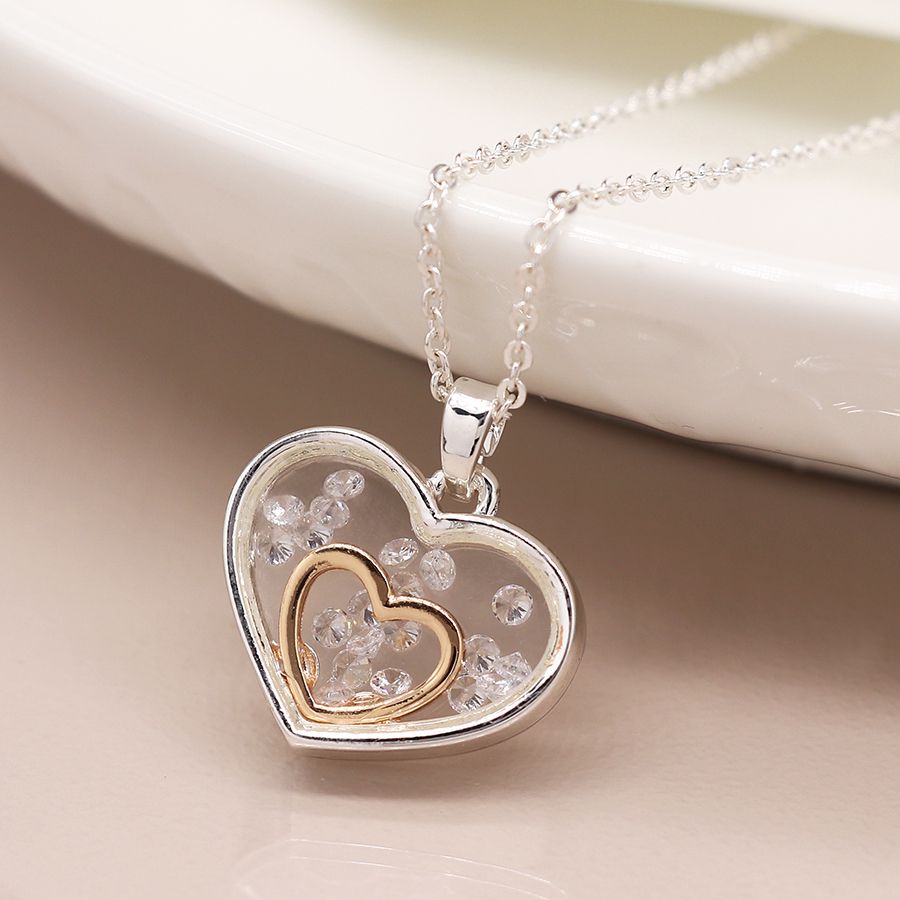 POM 03792 Silver plated and gold heart frame necklace with crystals