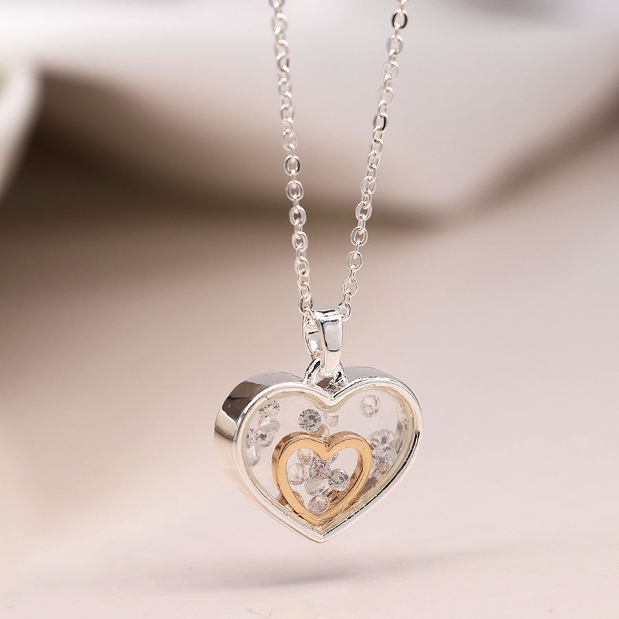 POM 03792 Silver plated and gold heart frame necklace with crystals