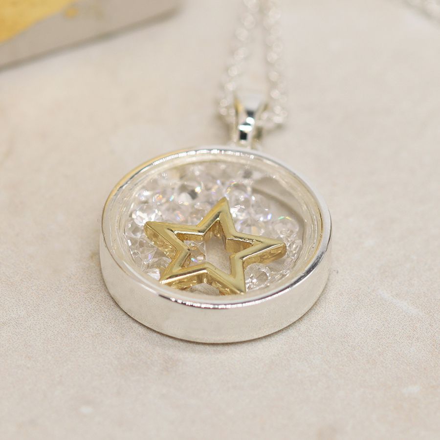 POM Peace Of Mind Round Glass Fronted Pendant with Crystals & Gold Inner Star 03794