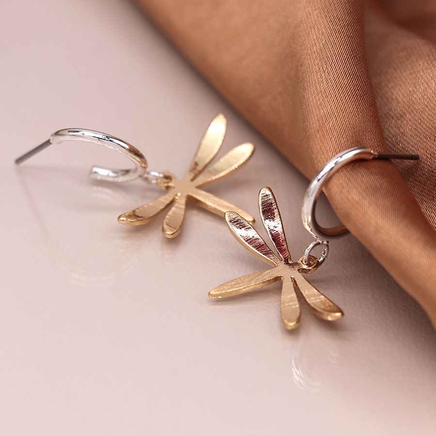 POM 03897 Silver plated hoop and golden dragonfly earrings