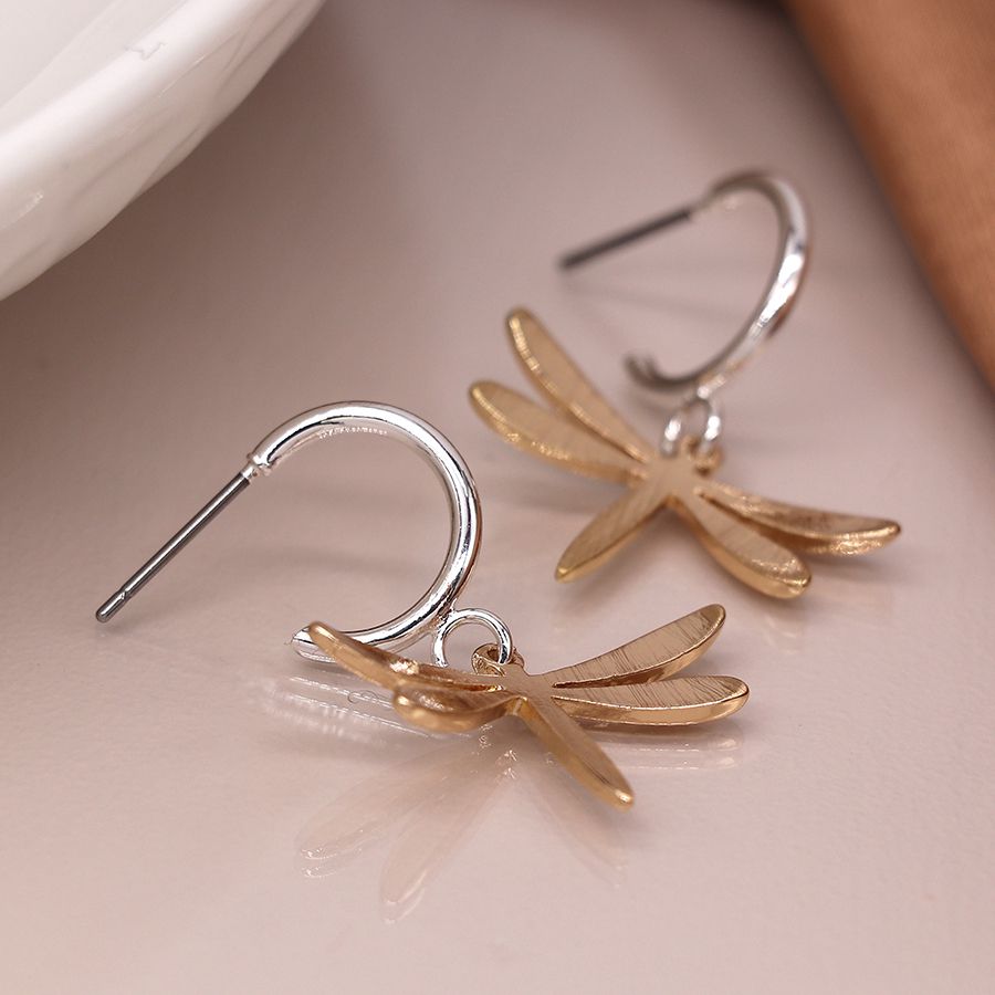 POM 03897 Silver plated hoop and golden dragonfly earrings