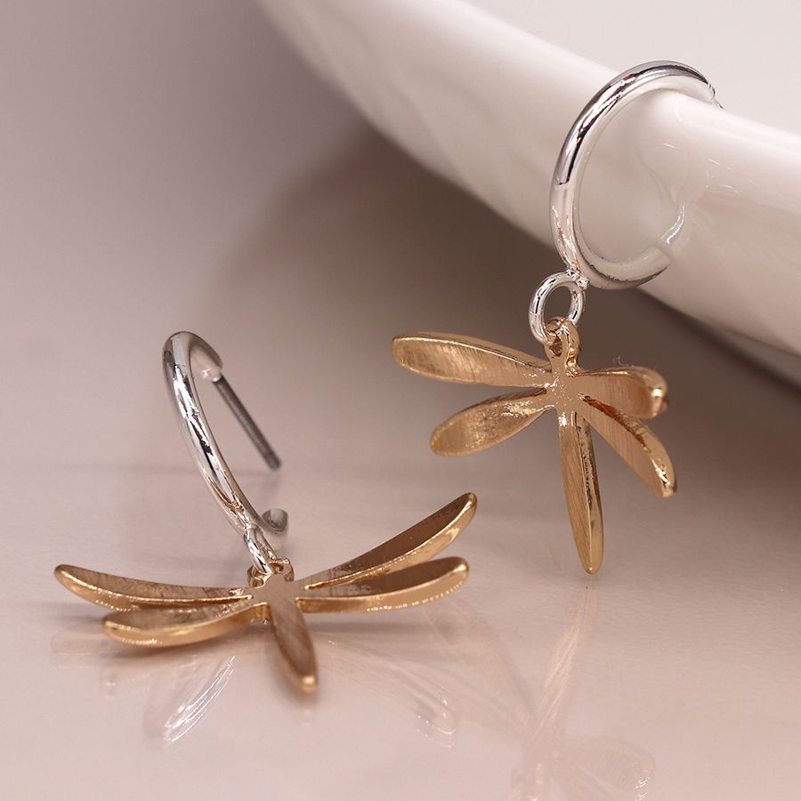 POM 03897 Silver plated hoop and golden dragonfly earrings