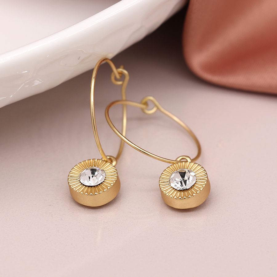 POM Faux Gold Fine Hoop Earrings with Crystal Drop 03948