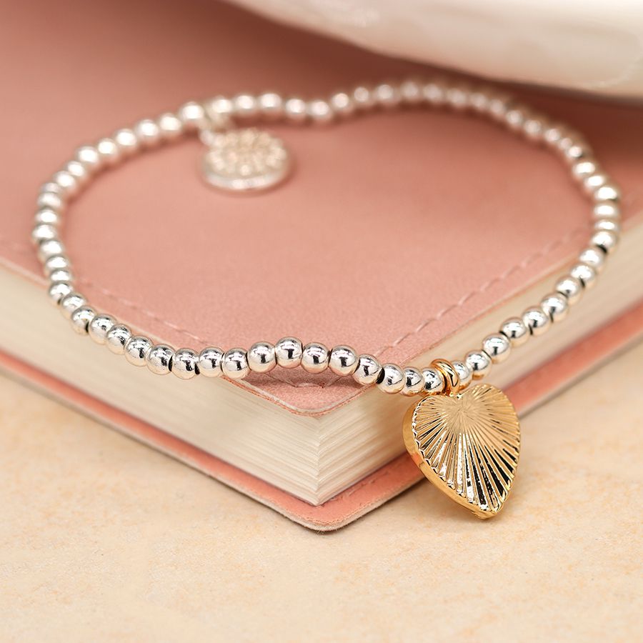 POM Silver plated bead and golden embossed heart bracelet 04015