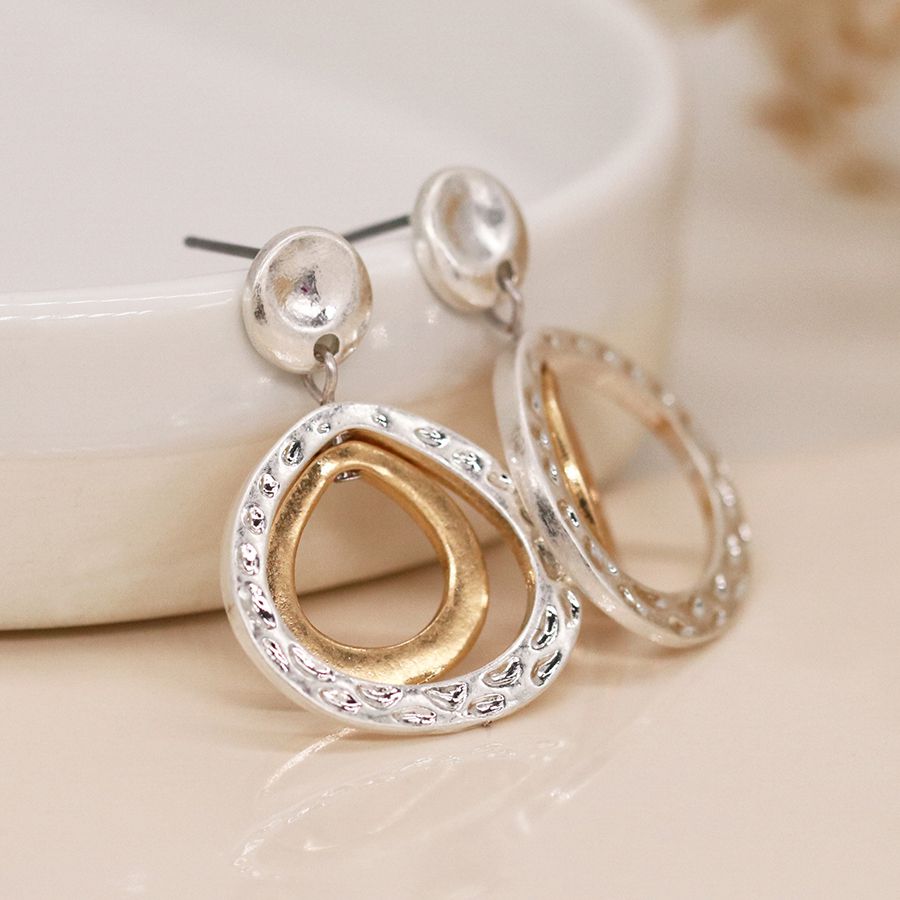 POM Silver plated and golden double teardrop stud earrings 04070