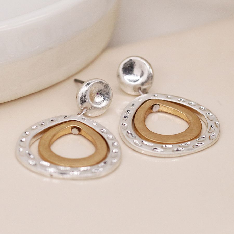 POM Silver plated and golden double teardrop stud earrings 04070