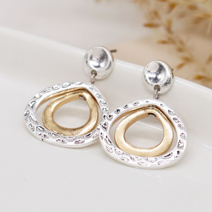 POM Silver plated and golden double teardrop stud earrings 04070