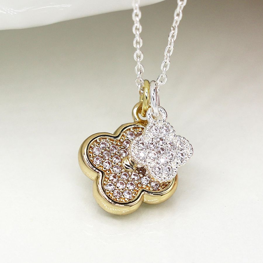 POM 04122 Faux gold and silver plated double quatrefoil necklace with crystals