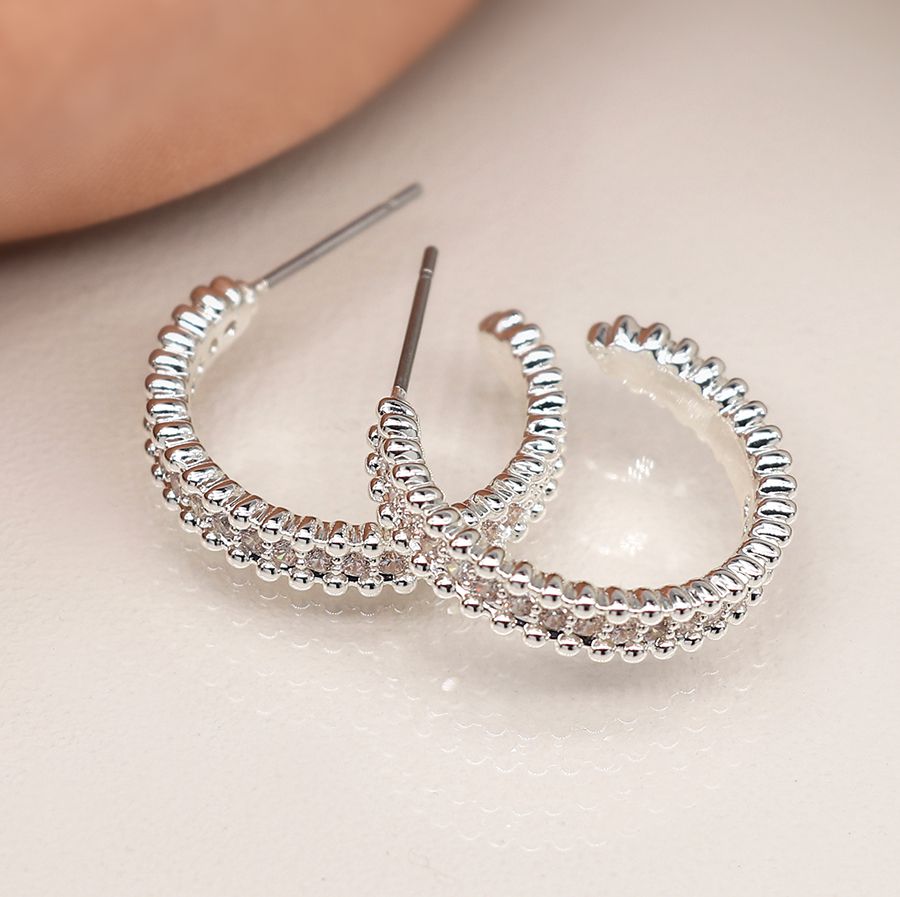 POM 04139 Silver plated hoop stud earrings with crystals and bobble edge