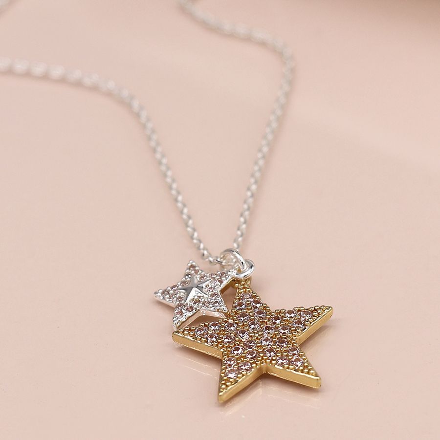 POM 04149 Faux gold and silver plated double crystal inset star necklace