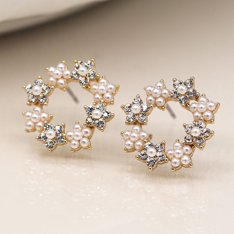 POM 04169 Faux gold floral circle stud earrings with crystals and pearls