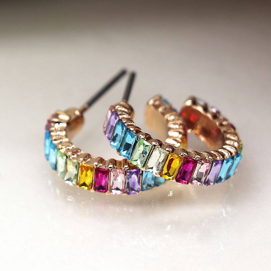 POM 04210 Faux gold c post rainbow oblong crystals hoop earrings