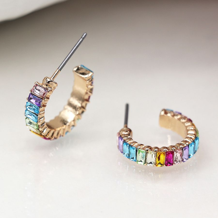 POM 04210 Faux gold c post rainbow oblong crystals hoop earrings