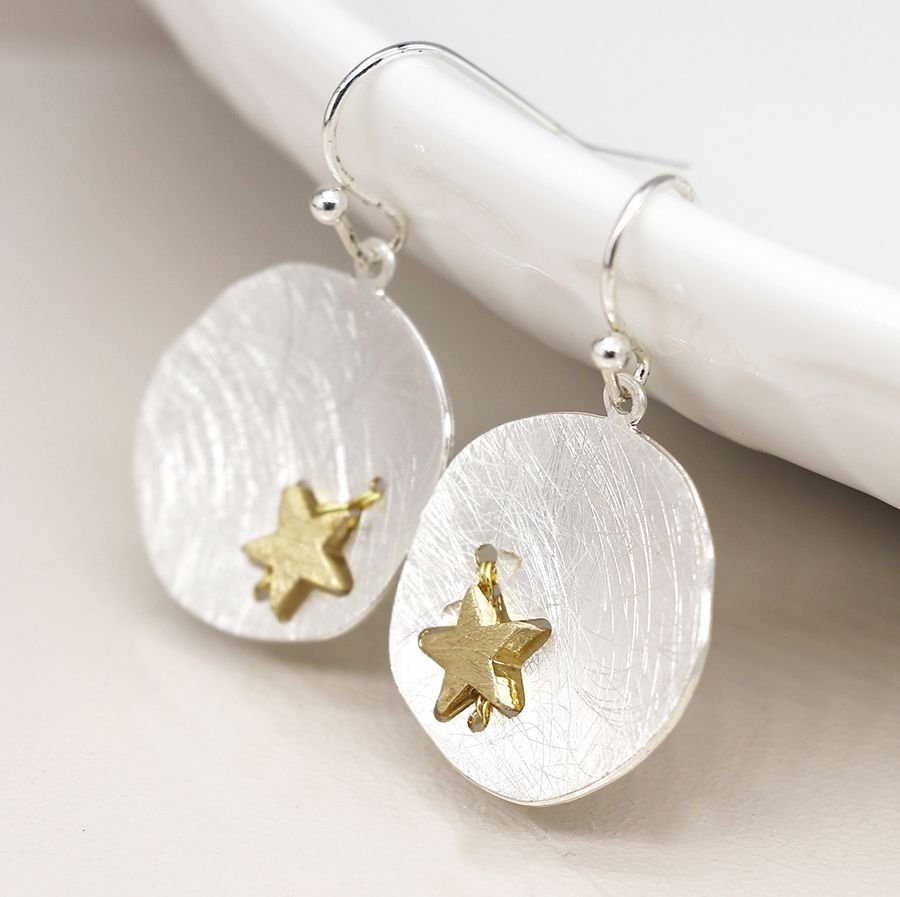 POM 04222 Silver plated scratched finish concave disc earrings with golden star