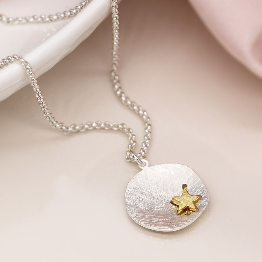 POM 04223 Silver plated scratched finish concave disc necklace with golden star