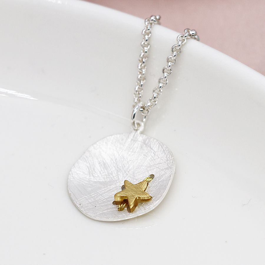 POM 04223 Silver plated scratched finish concave disc necklace with golden star