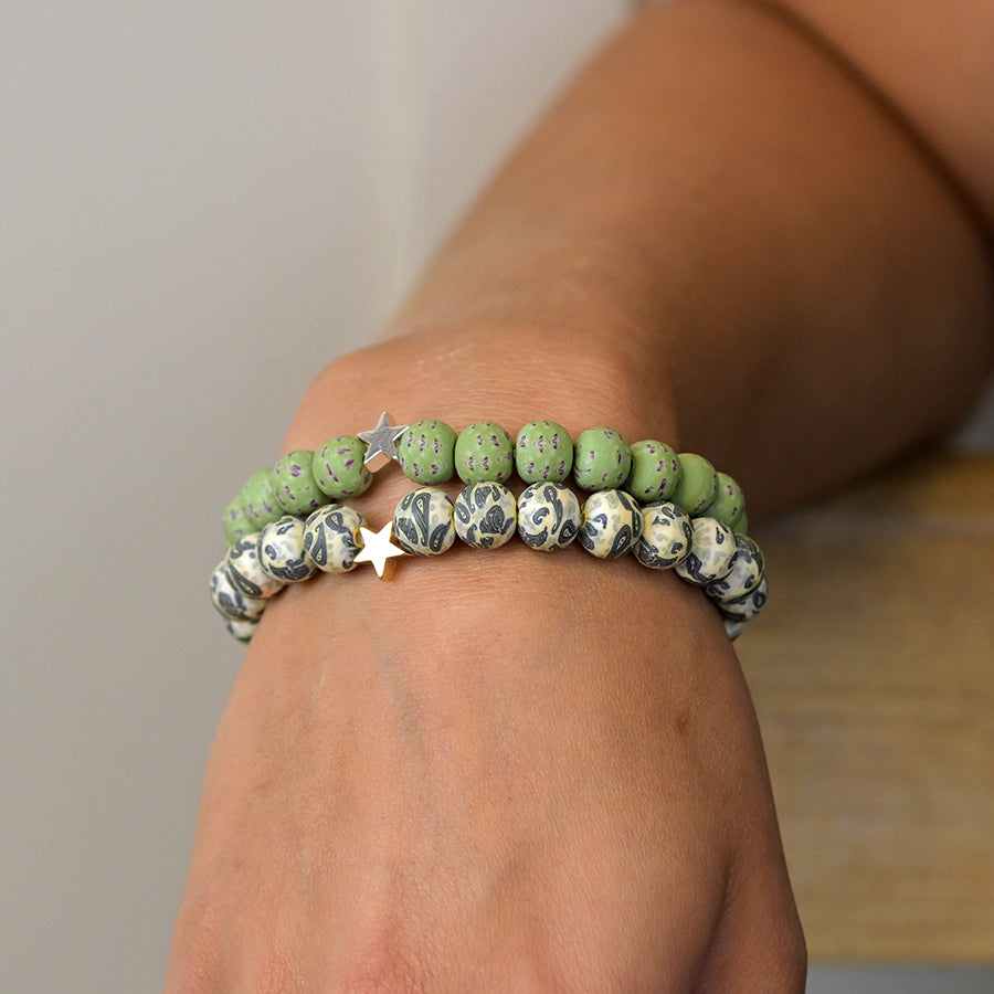 POM Green mix matt bead double bracelet set 04368