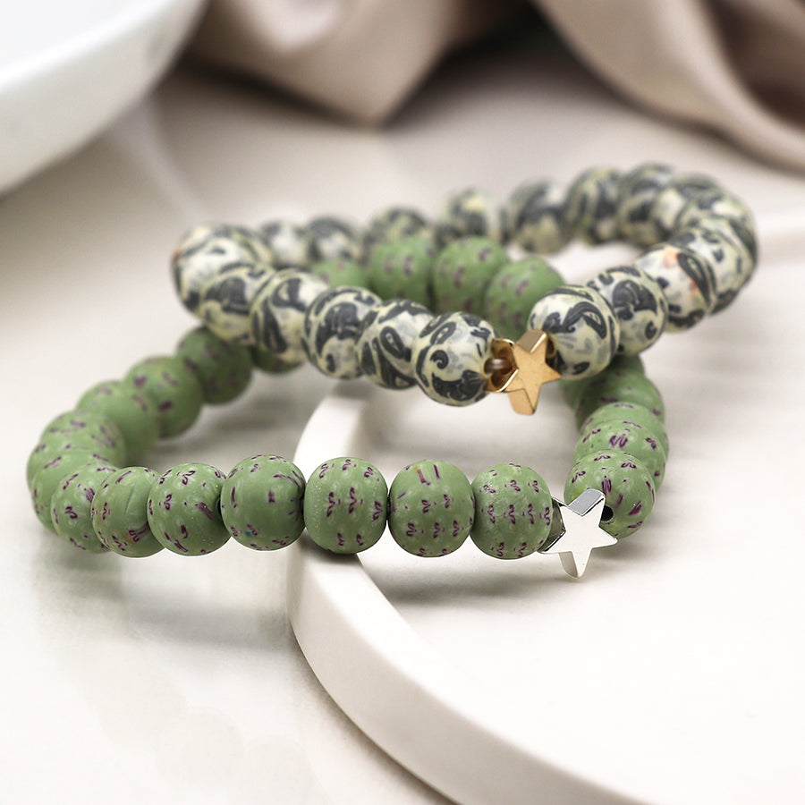 POM Green mix matt bead double bracelet set 04368