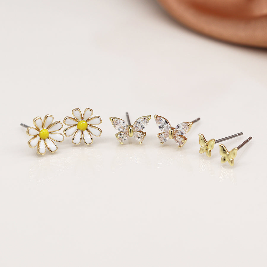 POM Golden triple flower and butterfly stud set 04395