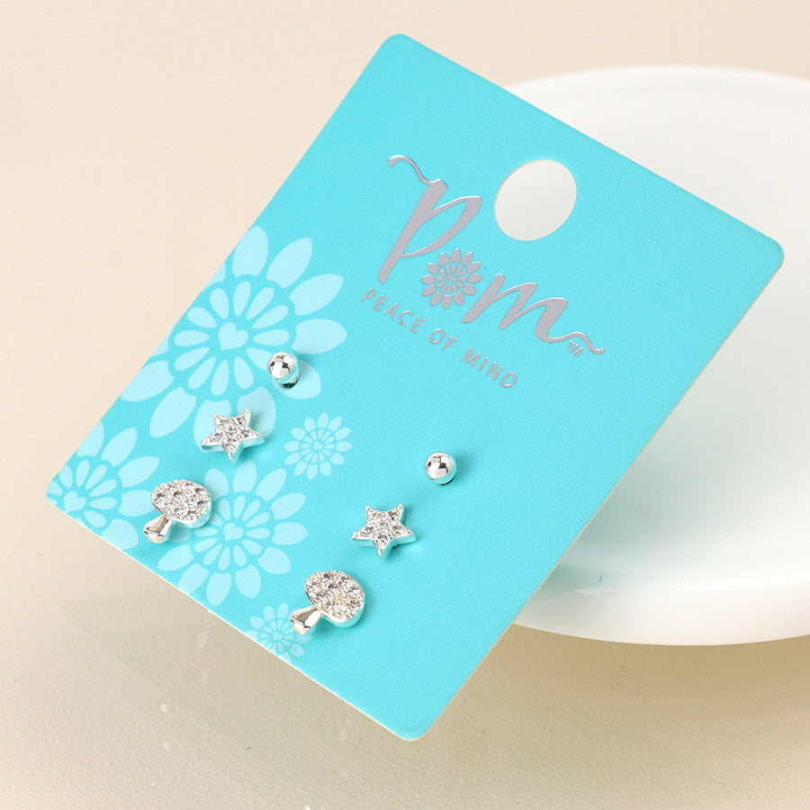 POM Silver Plated Star & Toadstool Tripe Pack Earings 04431