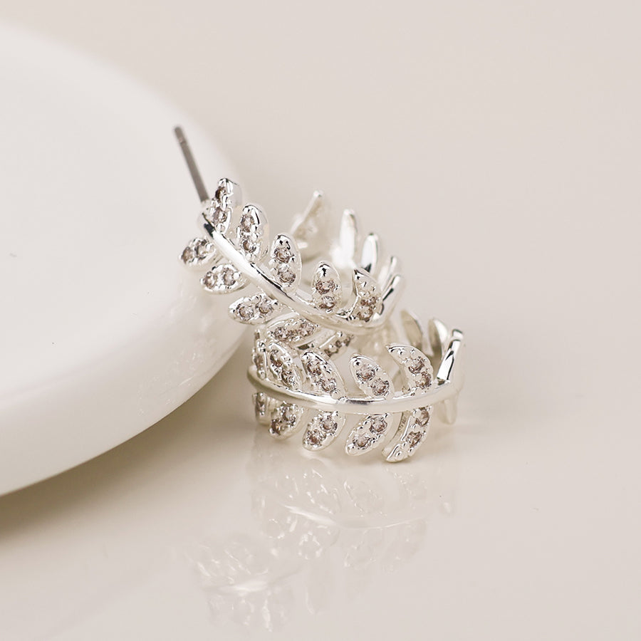POM Silver Plated Crystal Leaf Sleeper Earrings 04507