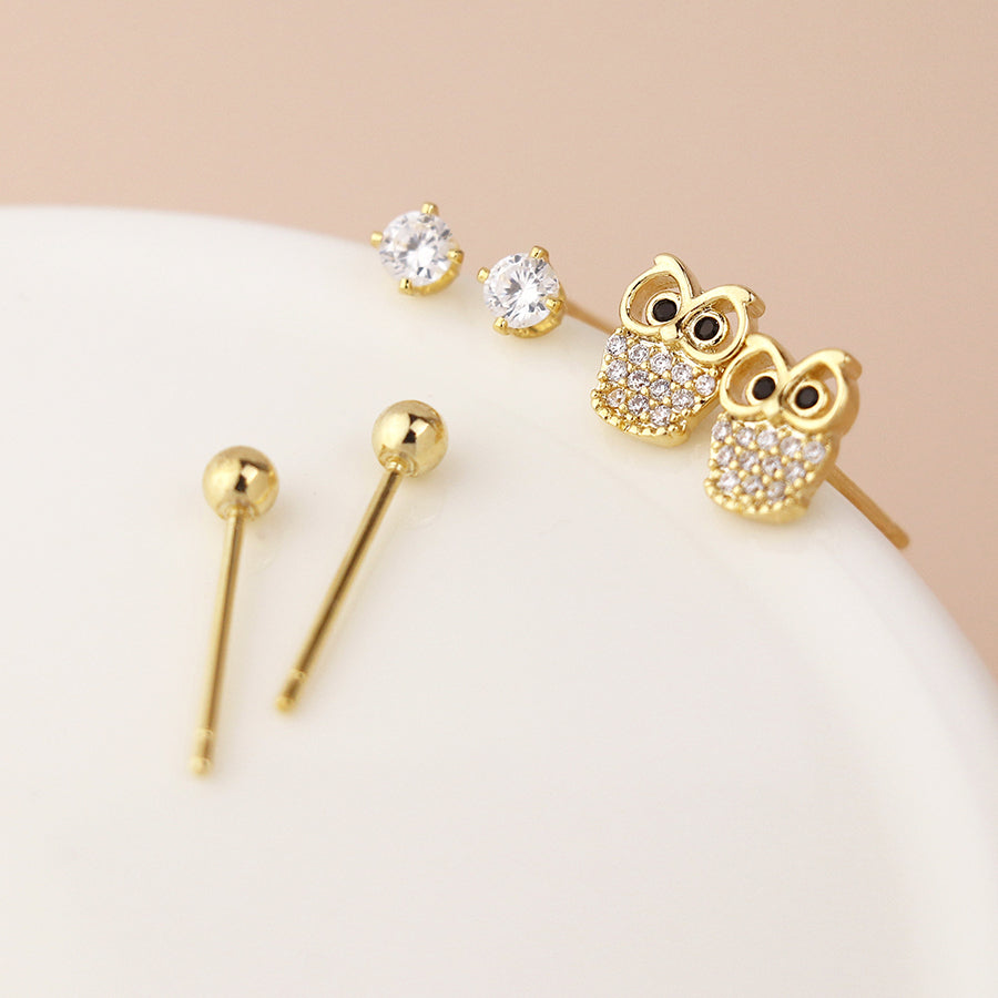 POM Gold Plated Crystal Owl Earring Set 04644