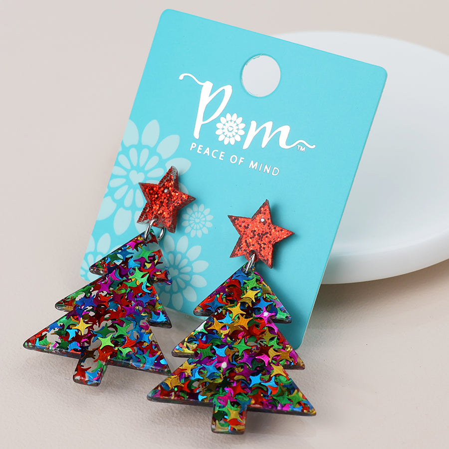 Acrylic red mix christmas tree earrings 04646