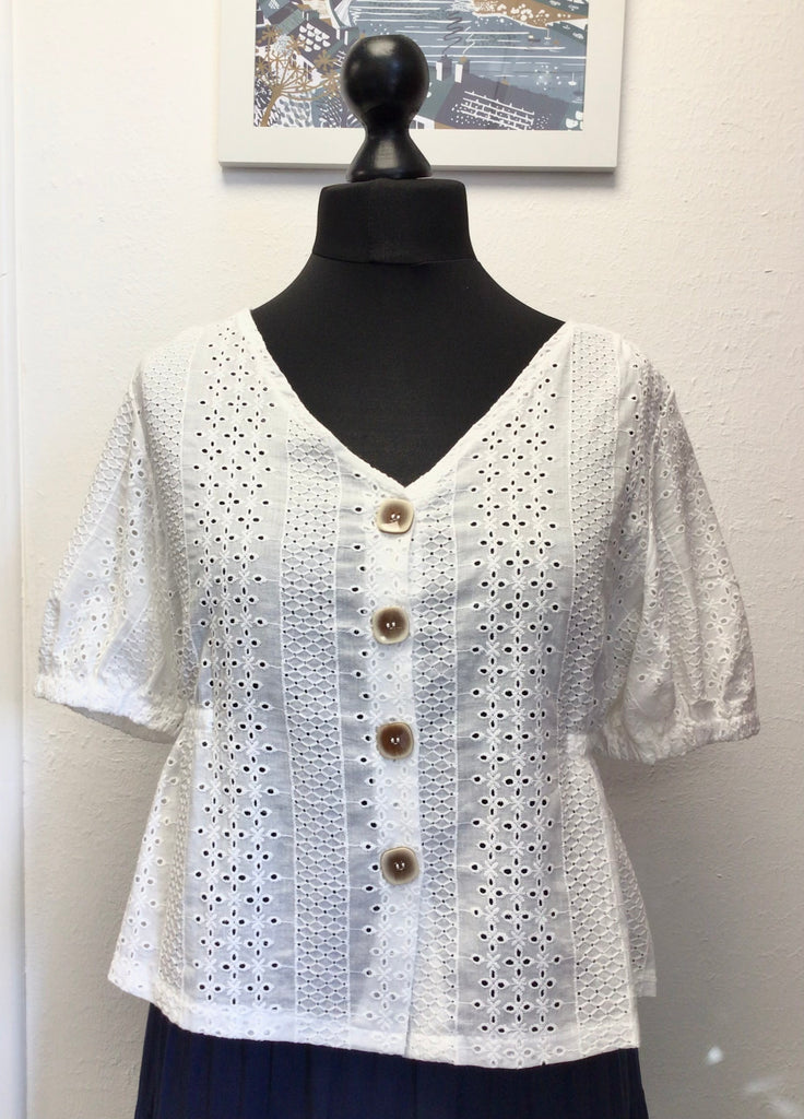 Broderie V Neck Button Shirt Ivory