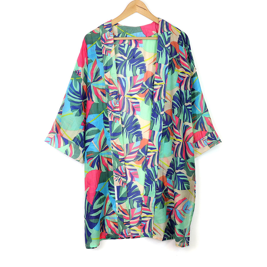 POM Long Vibrant Tropical Leaf Print Kimono 10075