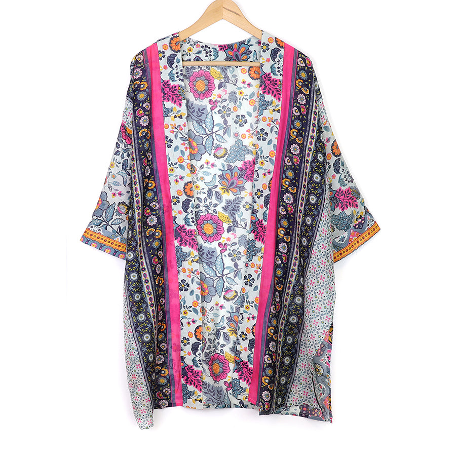 Pom Long blue and pink mix ornate floral and border print kimono 10078