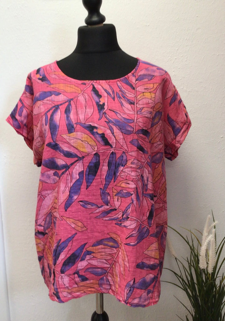 100% Cotton Round Neck Leaf Print Top One Size