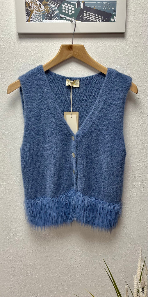 Fluffy Trim V Neck Alpaca Buttoned Front Tank Top